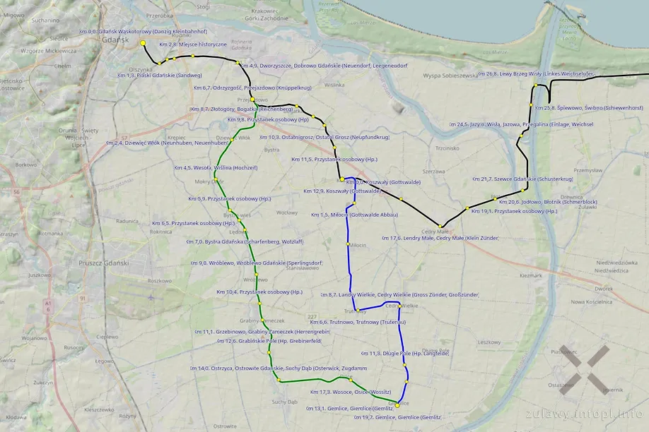 Sieć kolei wąskotorowej na Żuławach Gdańskich z rozróżnieniem poszczególnych linii